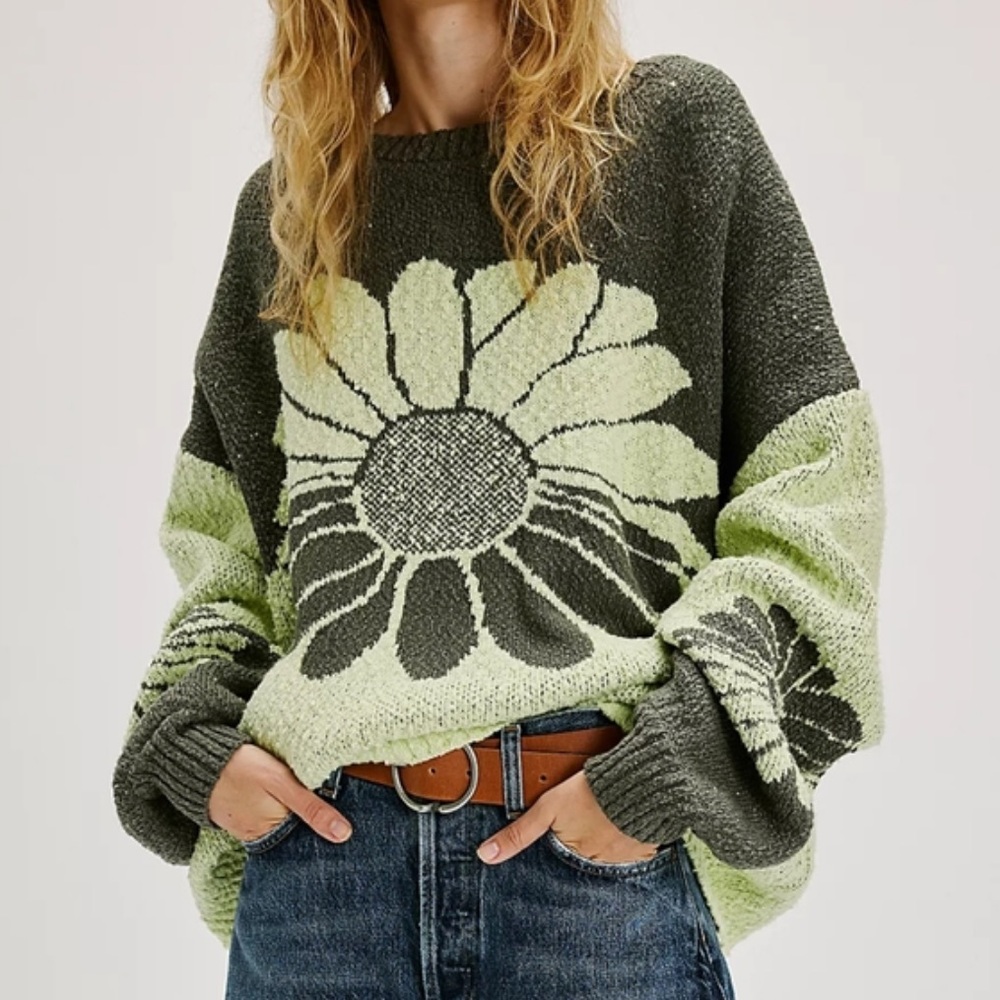Free People Olive Green and Light Green Daisy Knit Crewneck Sweater